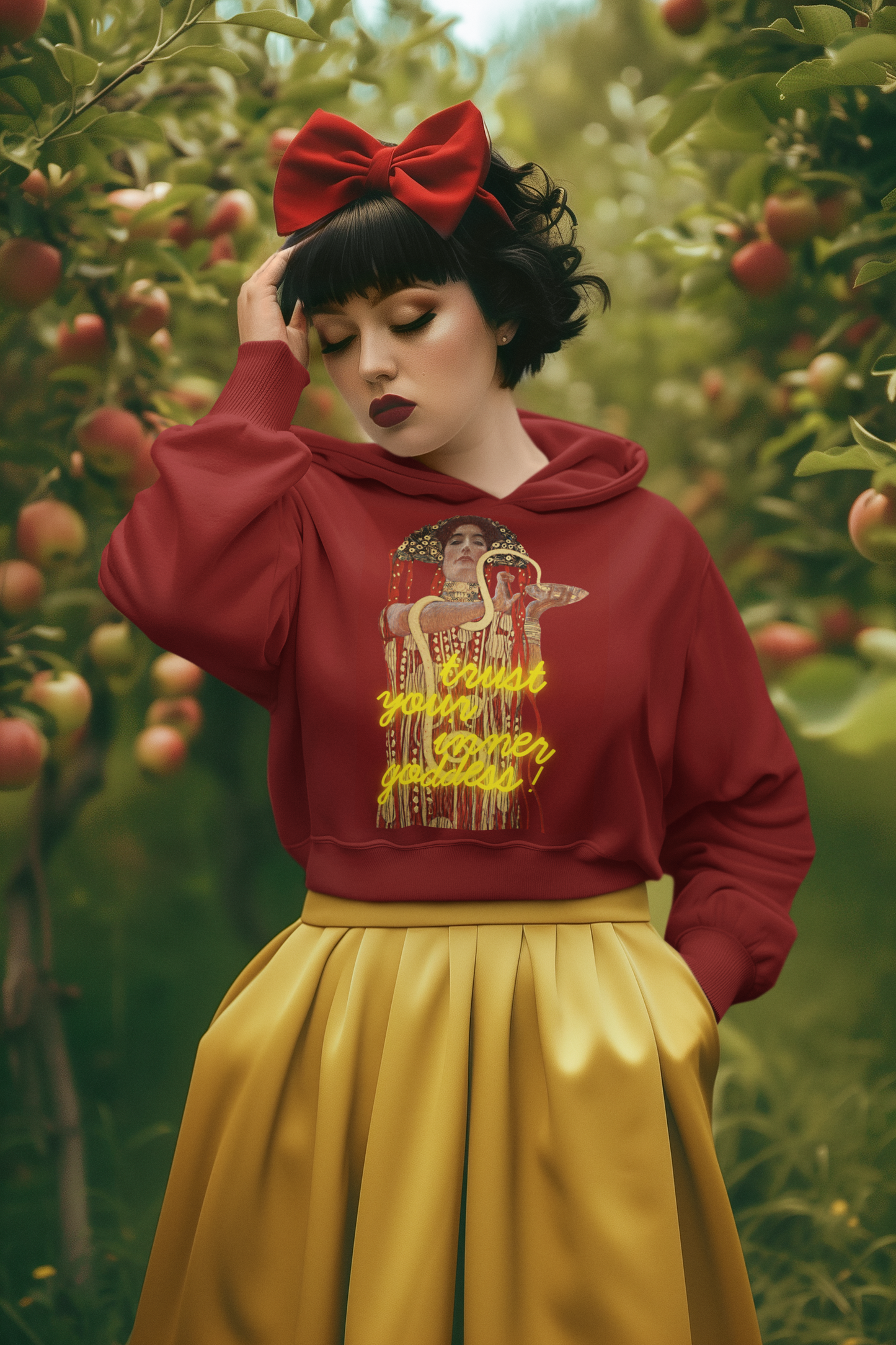 Cherry Red unisex Hoodie – Gustav Klimt’s Hygieia (1907) with “Trust Your Inner Goddess”