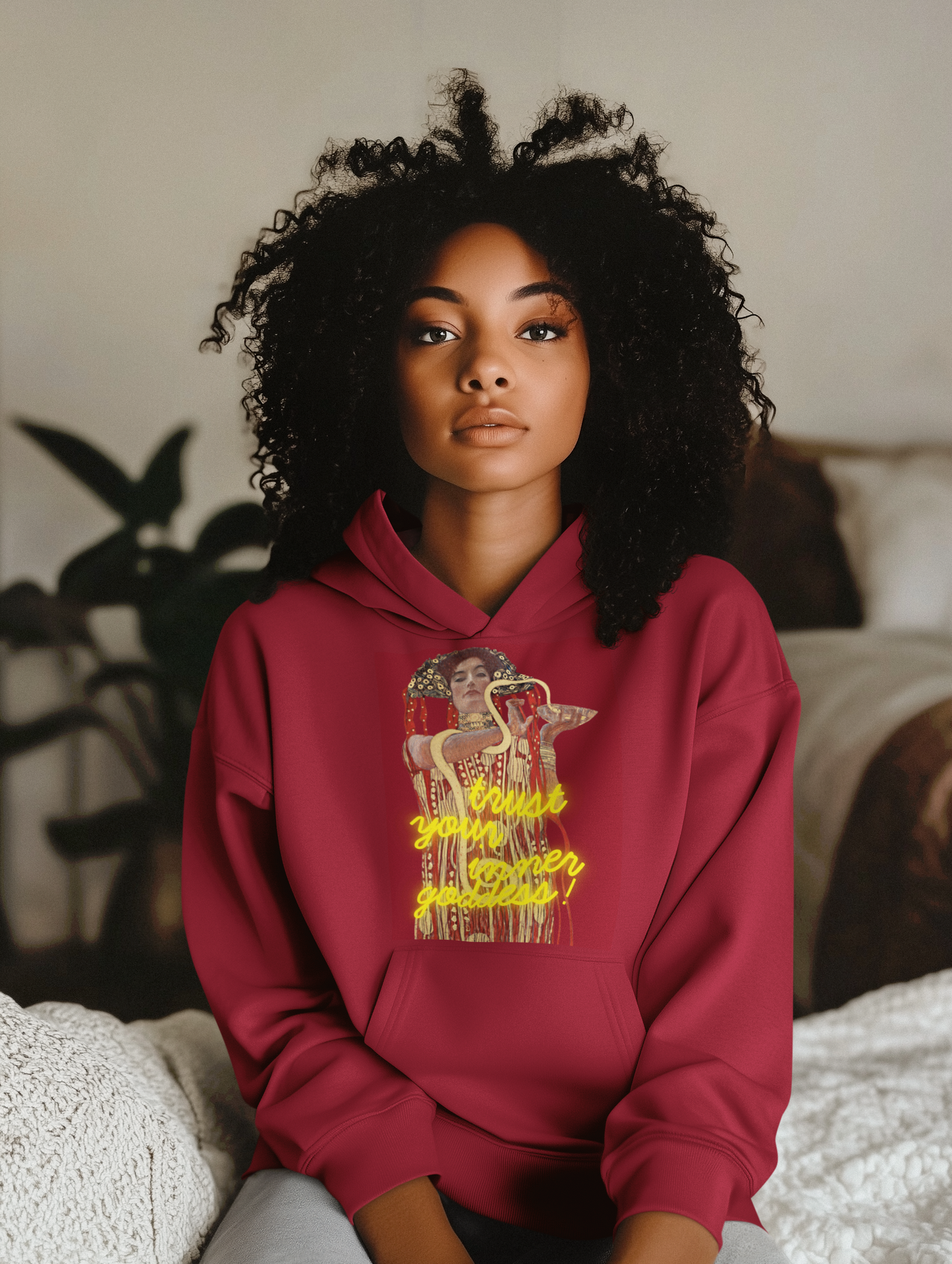 Cherry Red unisex Hoodie – Gustav Klimt’s Hygieia (1907) with “Trust Your Inner Goddess”