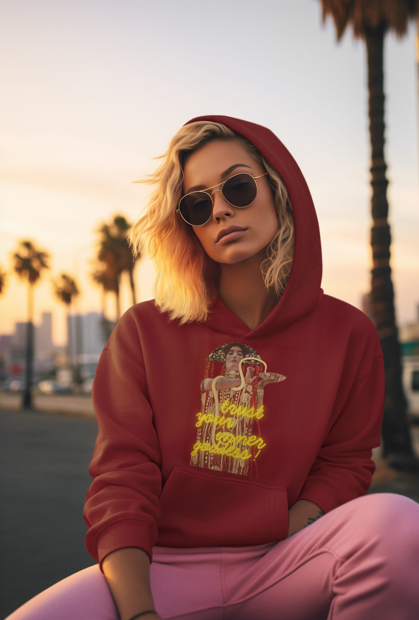 Cherry Red unisex Hoodie – Gustav Klimt’s Hygieia (1907) with “Trust Your Inner Goddess”