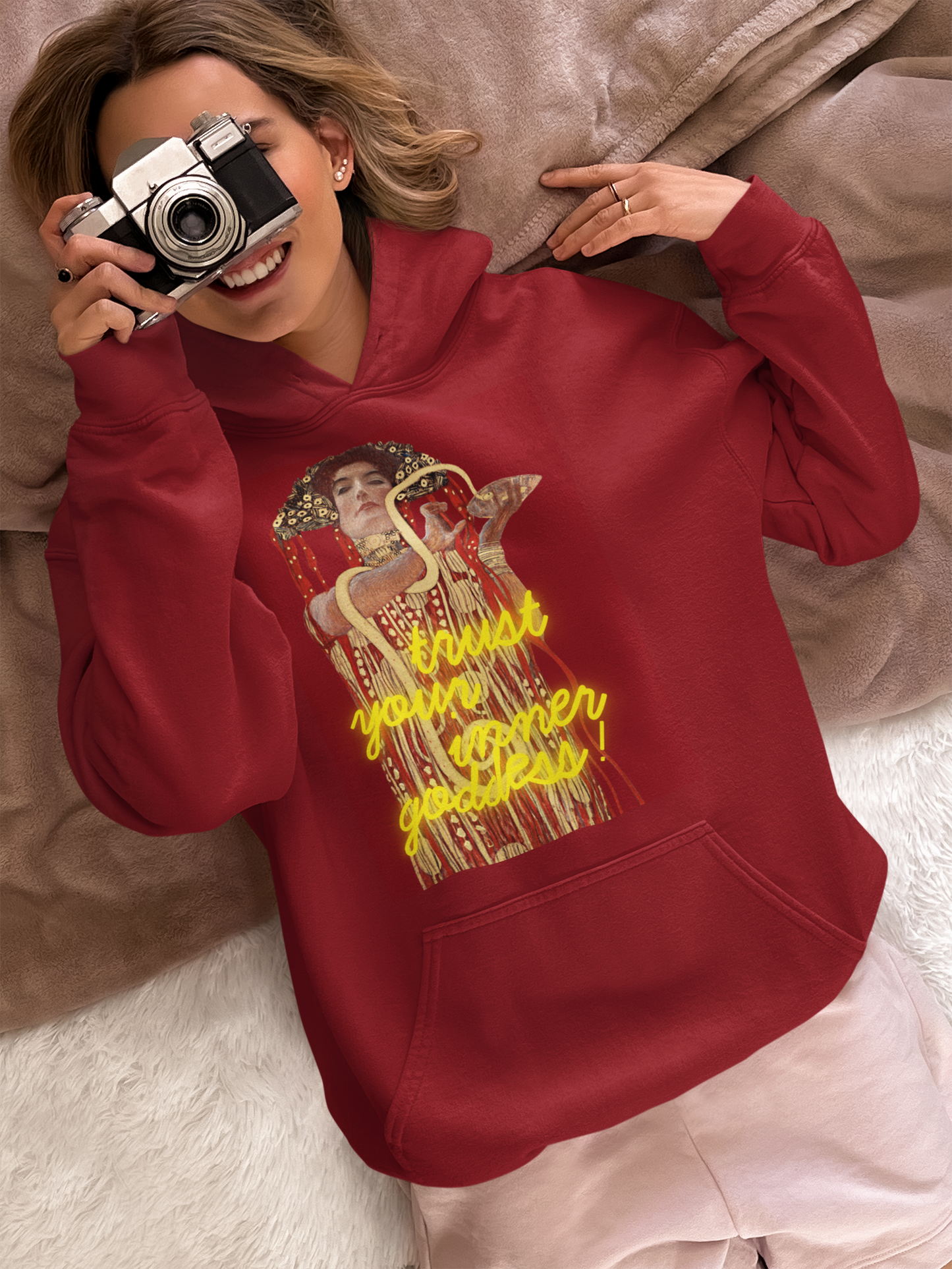Cherry Red unisex Hoodie – Gustav Klimt’s Hygieia (1907) with “Trust Your Inner Goddess”