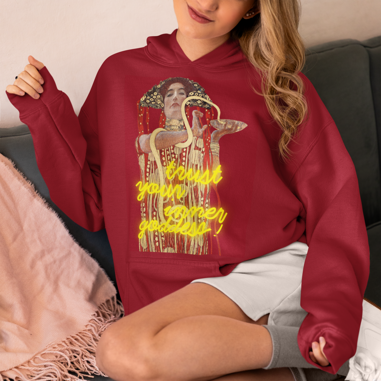 Cherry Red unisex Hoodie – Gustav Klimt’s Hygieia (1907) with “Trust Your Inner Goddess”