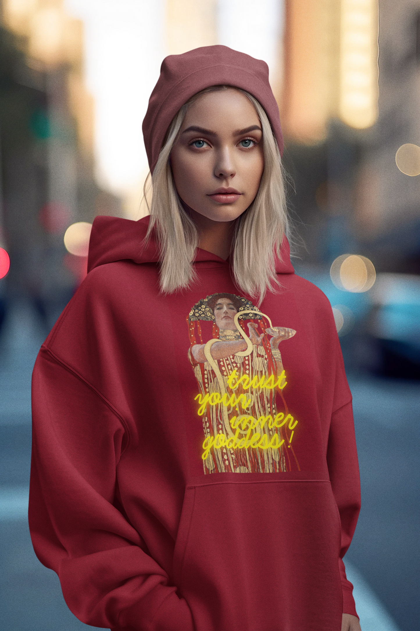 Cherry Red unisex Hoodie – Gustav Klimt’s Hygieia (1907) with “Trust Your Inner Goddess”
