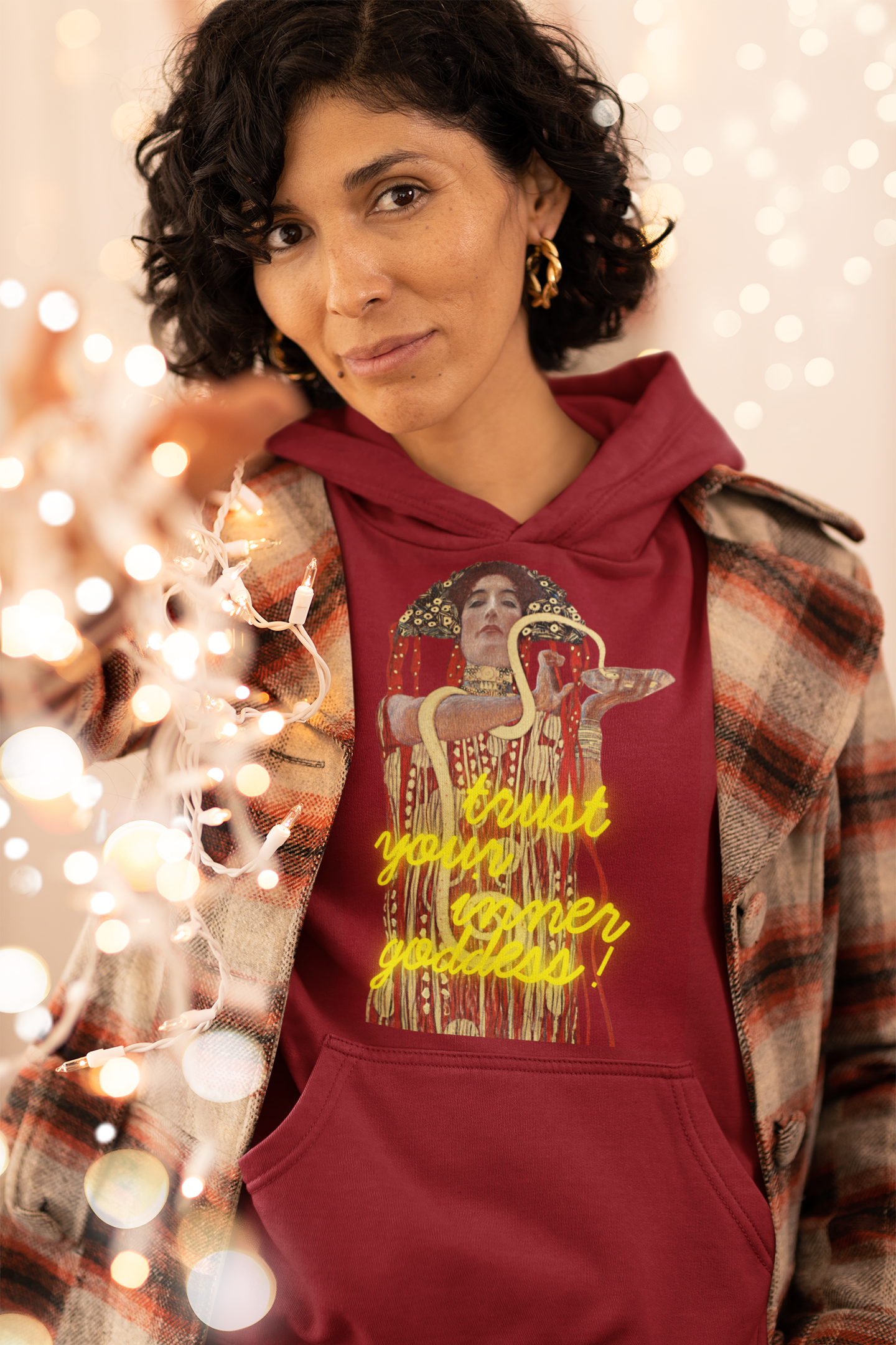Cherry Red unisex Hoodie – Gustav Klimt’s Hygieia (1907) with “Trust Your Inner Goddess”