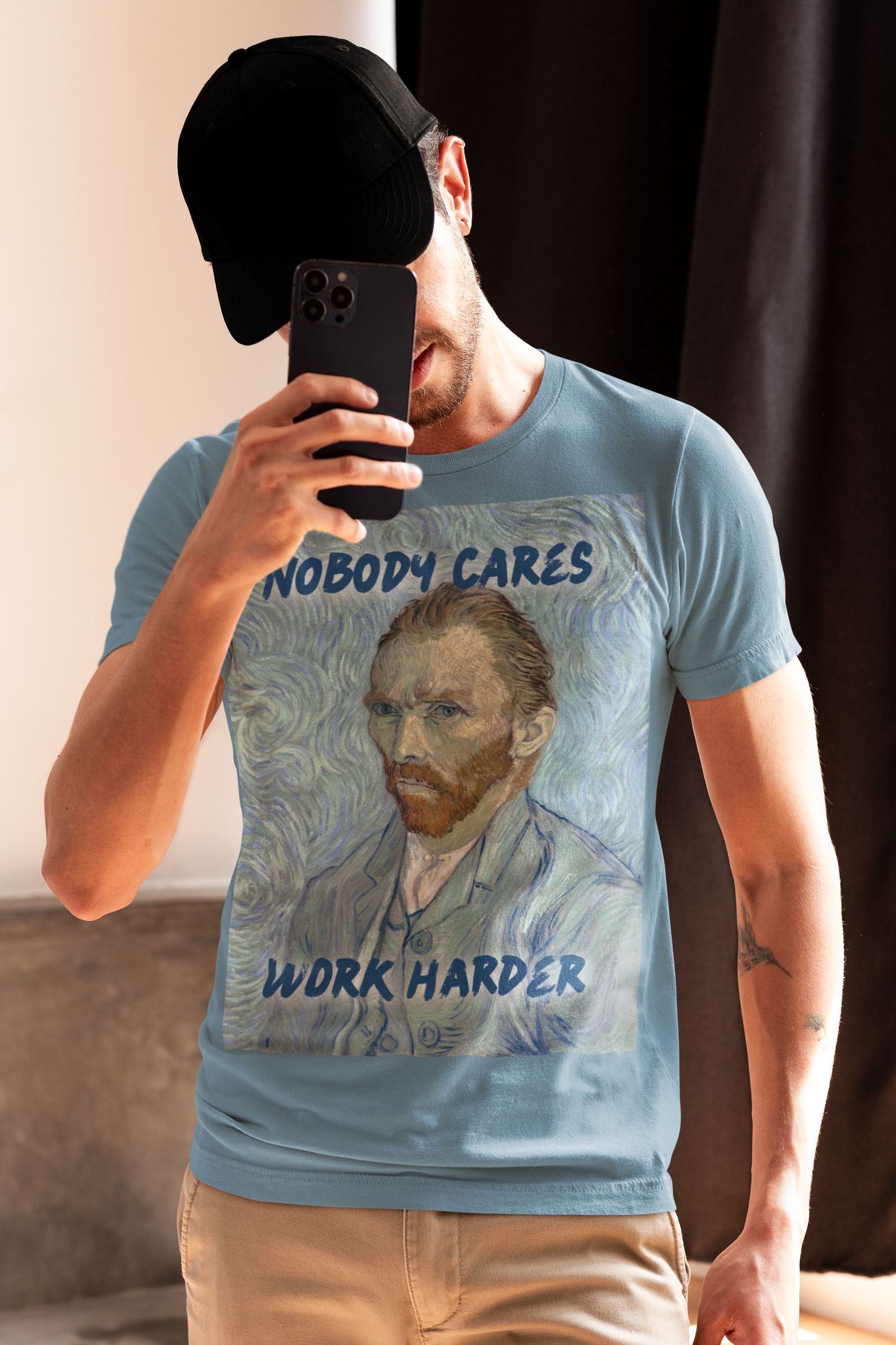 Van Gogh Self-Portrait unisex T-Shirt: “Nobody Cares, Work Harder” Edition