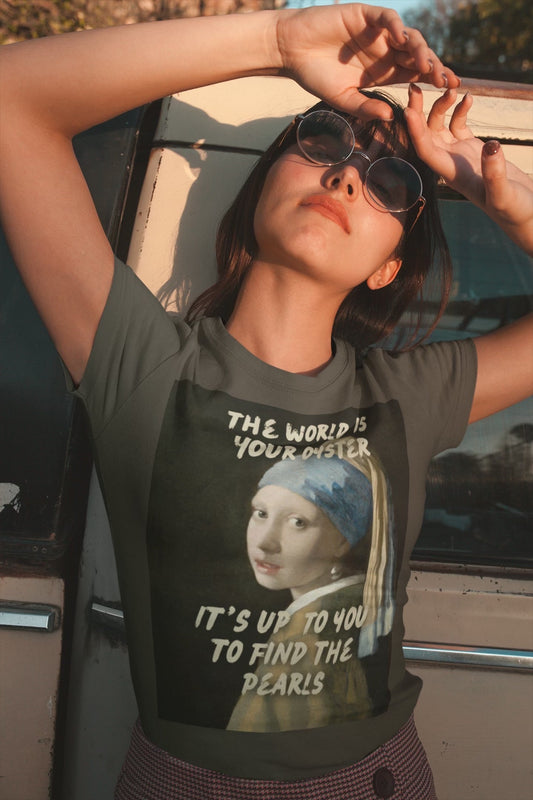 Wearable Art Meets Motivation: Our Bold New T-Shirt Featuring Vermeer’s Girl with a Pearl Earring and Inspiring Quote