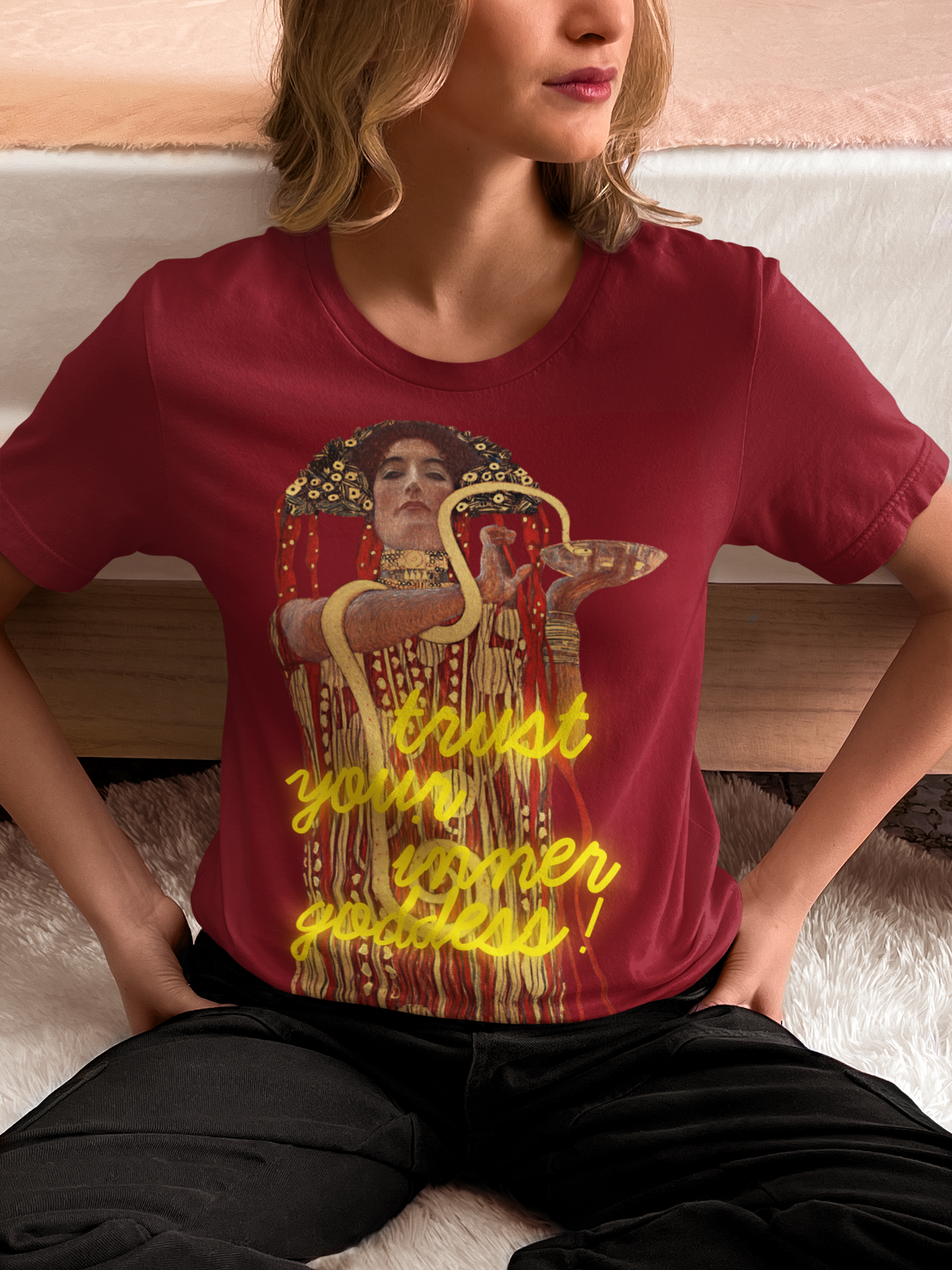 Cherry Red unisex T-Shirt – Gustav Klimt’s Hygieia (1907) and “Trust Your Inner Goddess”