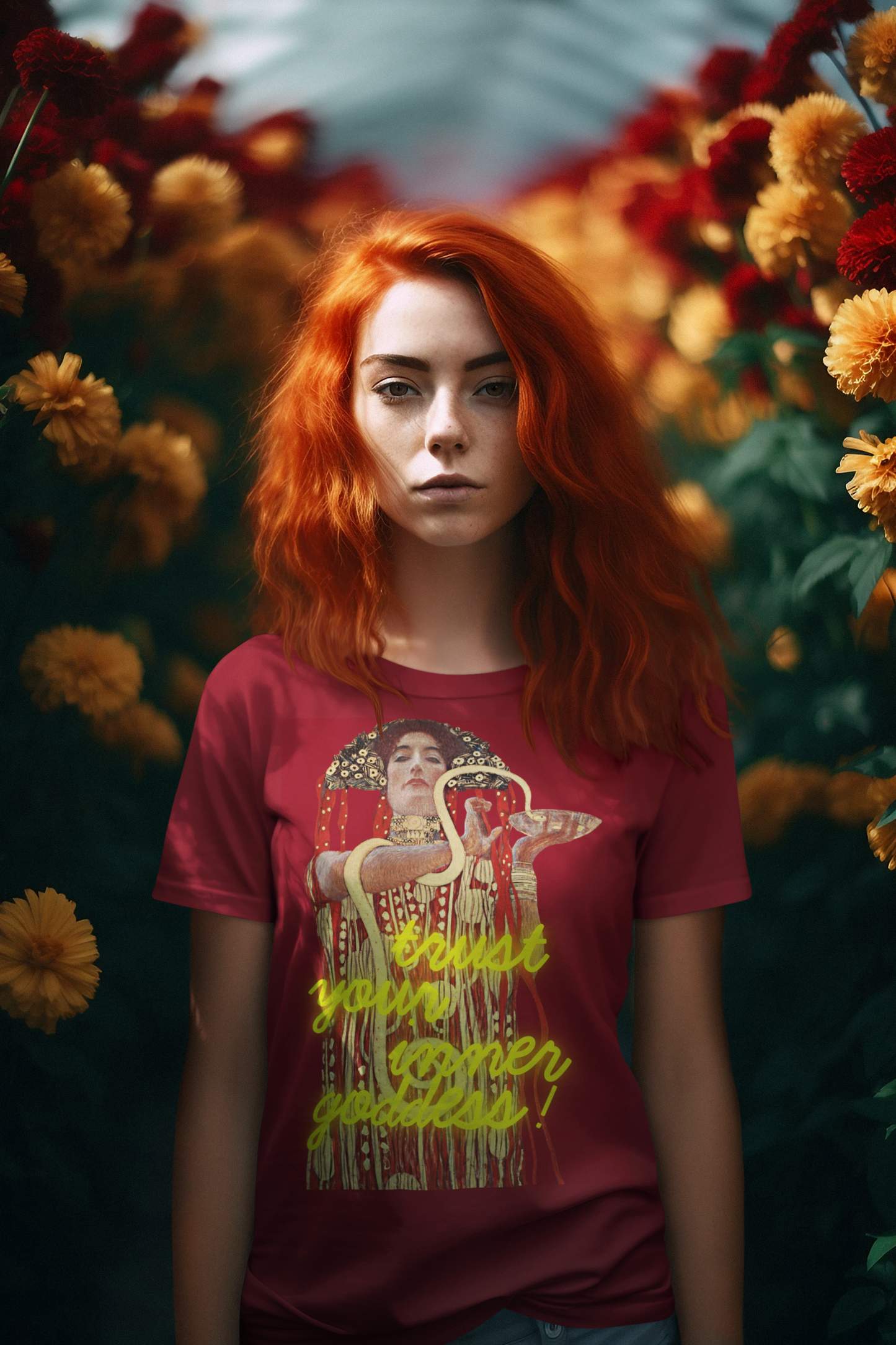 Cherry Red unisex T-Shirt – Gustav Klimt’s Hygieia (1907) and “Trust Your Inner Goddess”