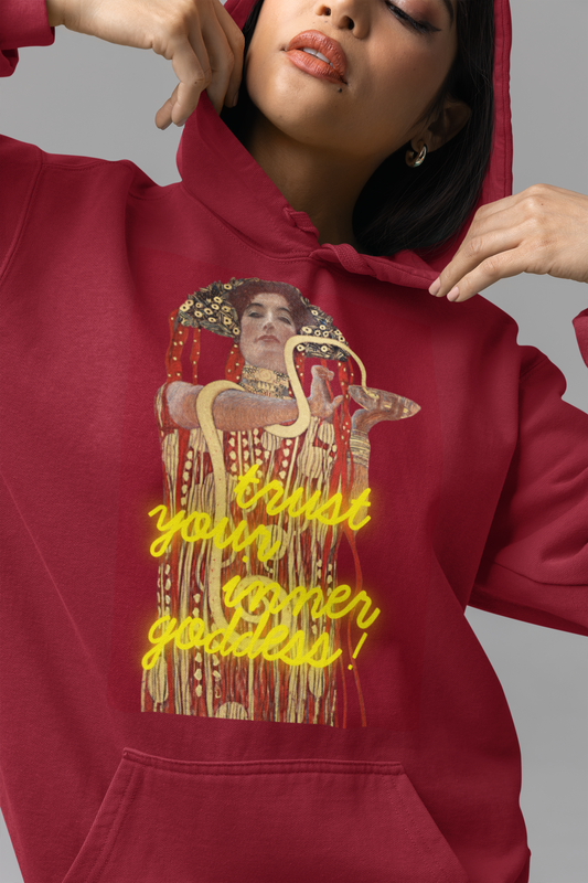 Cherry Red unisex Hoodie – Gustav Klimt’s Hygieia (1907) with “Trust Your Inner Goddess”