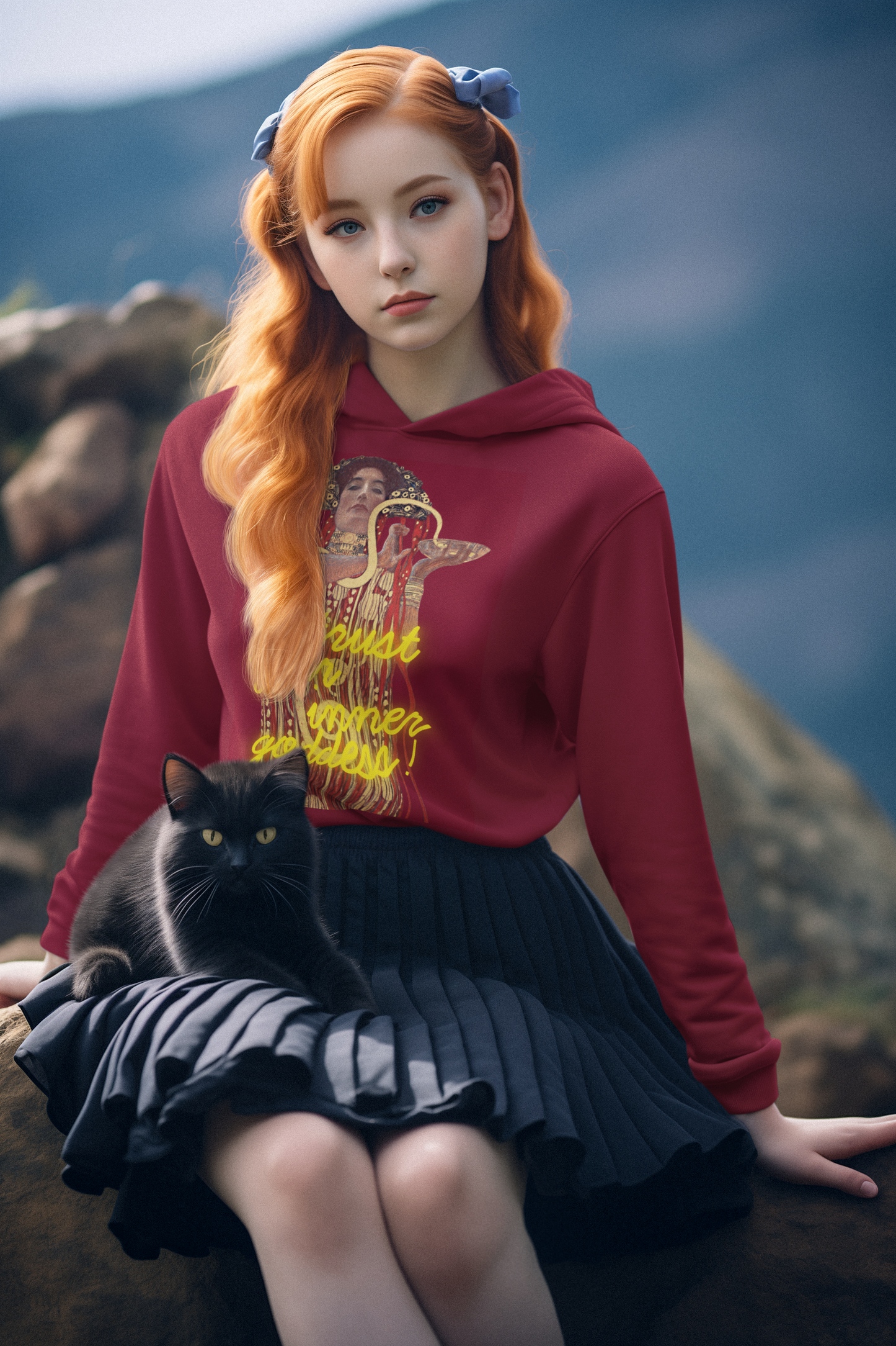 Cherry Red unisex Hoodie – Gustav Klimt’s Hygieia (1907) with “Trust Your Inner Goddess”