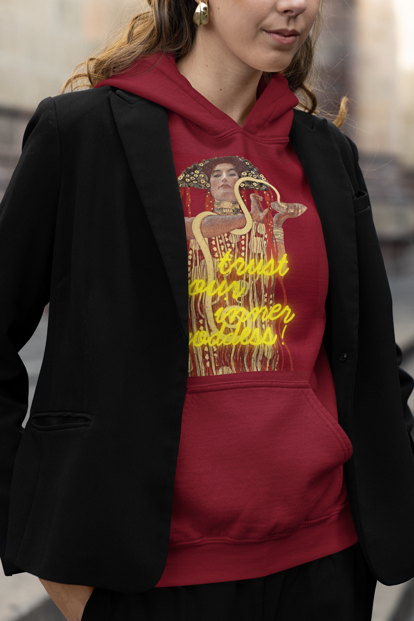 Cherry Red unisex Hoodie – Gustav Klimt’s Hygieia (1907) with “Trust Your Inner Goddess”