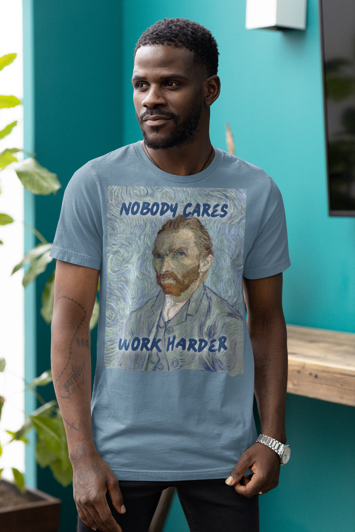 Van Gogh Self-Portrait unisex T-Shirt: “Nobody Cares, Work Harder” Edition